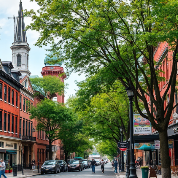 T-Mobile Plans, Coverage & Stores in Center Square, Albany NY 12260 A vibrant street scene in Center Square, Albany, NY 12260, showcasing historic brick rowhouses with ornate cornices and colorful facades lining the bustling nei