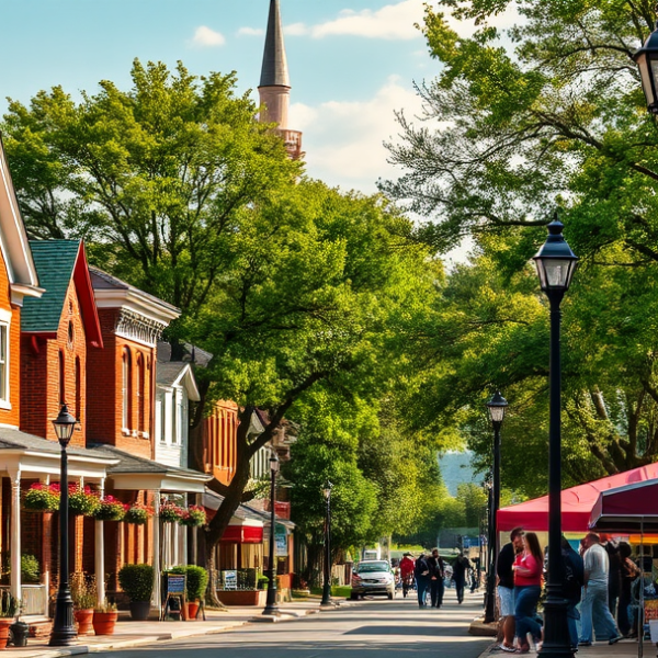 AT&T Coverage, Stores & Plans in Center Township, Evansville IN 47747 A vibrant street scene in Center Township, Evansville, IN 47747, showcasing a charming neighborhood with historic brick and Craftsman-style houses lining the st