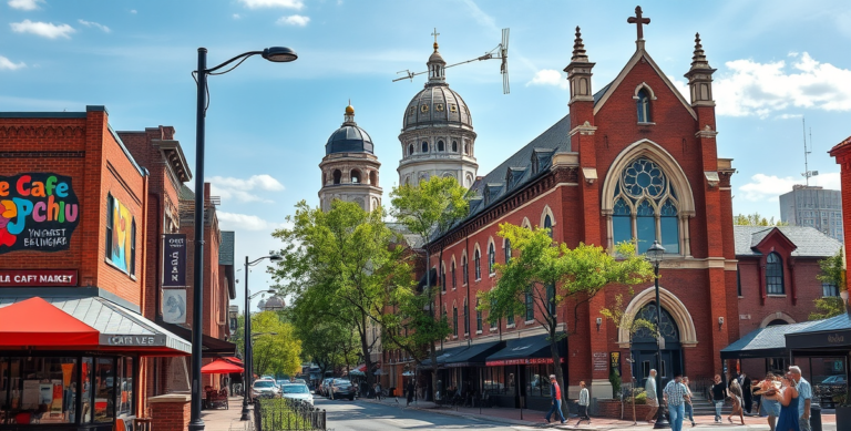 A vibrant street scene in Center Township, Indianapolis, IN 46204, showcasing the historic landmarks and murals inside the neighborhood—such as the colorful mur