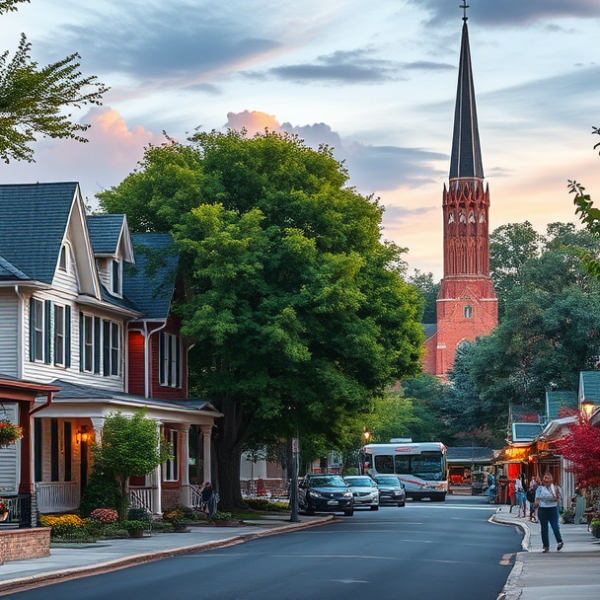 AT&T Coverage, Stores & Plans in Centerville, Dayton OH 45459 A vibrant street scene in Centerville, Dayton, OH 45459, showcasing a charming neighborhood with historic Craftsman and mid-century modern houses lining tree-sh