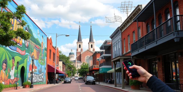 A vibrant street scene in Central Baton Rouge, LA (70818), featuring colorful murals depicting local culture and history adorning neighborhood walls, with landm