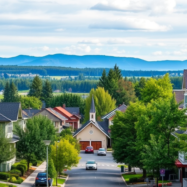 AT&T Coverage, Stores & Plans in Central Beaverton, OR 97079 A vibrant street scene in Central Beaverton, OR 97079, showcasing a mix of charming mid-century homes with colorful facades and modern townhouses lining tree-li