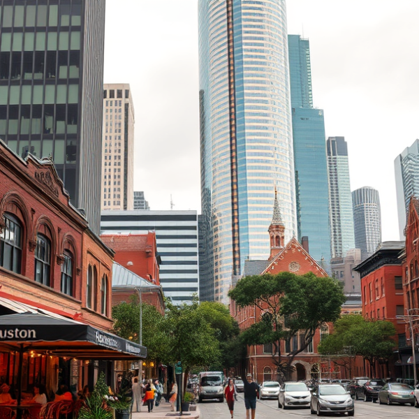 AT&T Coverage, Stores & Plans in Central Business District, Houston TX 77010 A bustling street scene in Houston’s Central Business District near 77010, featuring modern high-rise glass towers alongside historic brick buildings with ornat