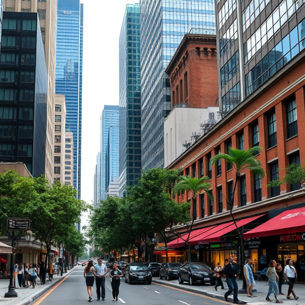 T-Mobile Plans, Coverage & Stores in Central Business District, Houston TX 77271 A bustling street scene in Houston’s Central Business District (ZIP 77271), featuring modern glass skyscrapers and historic low-rise buildings blending sleek co