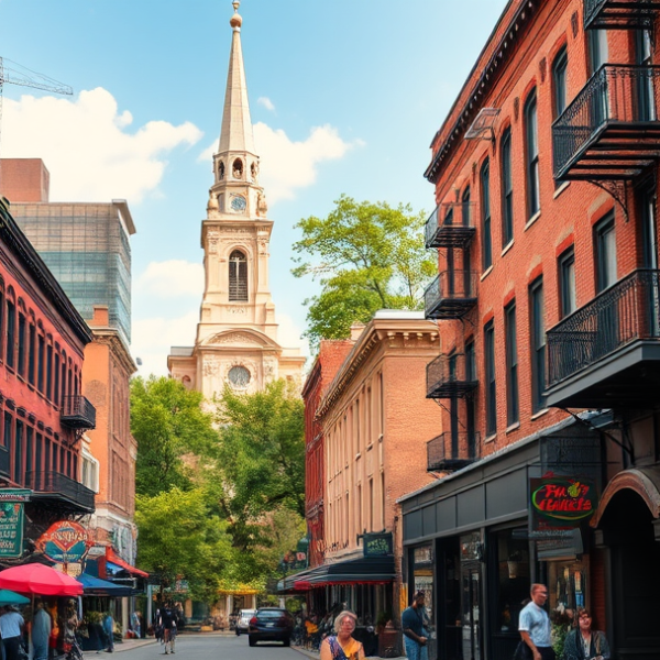 AT&T Coverage, Stores & Plans in Central City, Birmingham AL 35203 A vibrant street scene in Central City, Birmingham, AL 35203, capturing a lively urban neighborhood with historic architecture featuring classic brick buildings