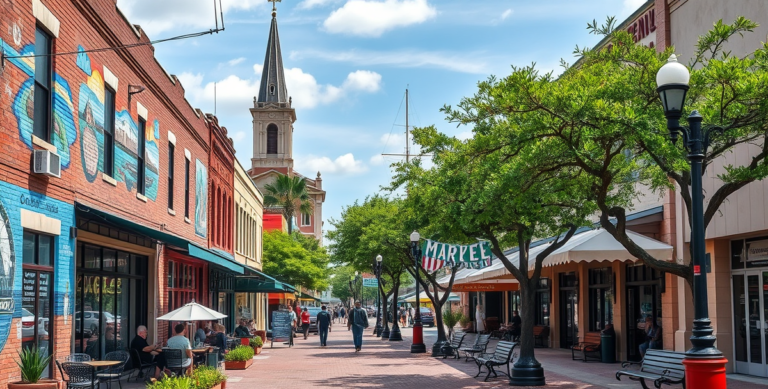 A vibrant street scene in Central City, Corpus Christi, TX 78401, showcasing colorful murals depicting local history and maritime themes adorn brick walls of hi