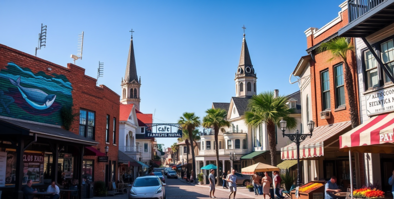 A vibrant street scene in Central City, Corpus Christi, TX (78405), showcasing a lively neighborhood with colorful murals depicting marine life and local histor