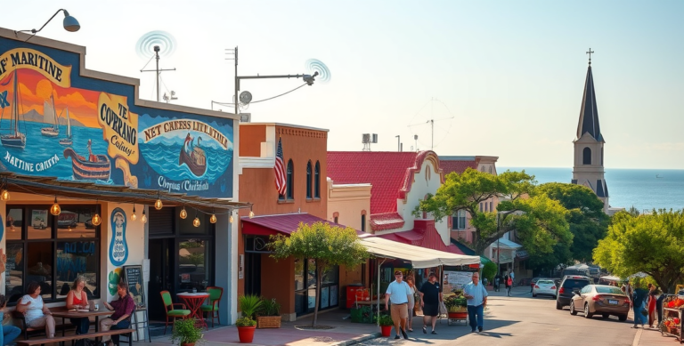A vibrant street scene in Central City, Corpus Christi, TX (78466), showcasing colorful murals depicting local maritime history and cultural heritage, with a co