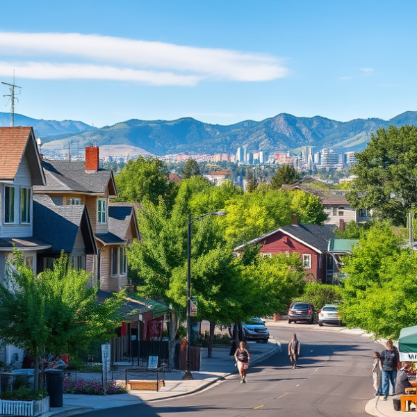 AT&T Coverage, Stores & Plans in Central Denver, CO 80259 A vibrant street scene in Central Denver, CO 80259, showcasing a mix of modern suburban homes with Craftsman bungalows and sleek mid-century architecture, lush