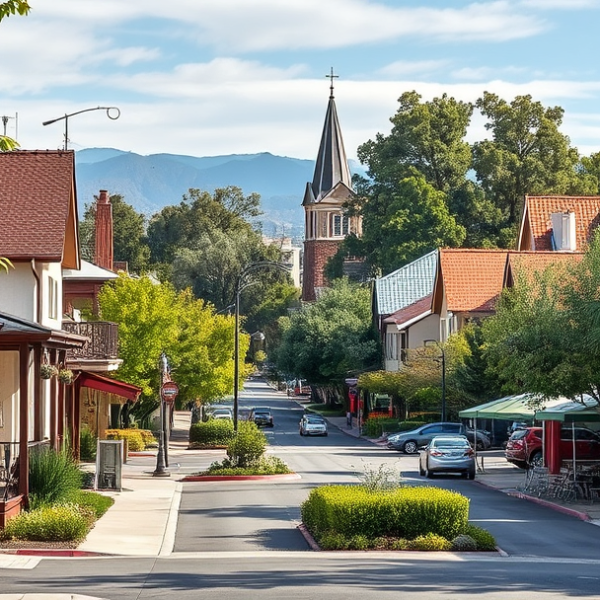 AT&T Coverage, Stores & Plans in Central Escondido, Escondido CA 92046 A vibrant street scene in Central Escondido, CA 92046, featuring colorful murals depicting local history and community spirit, nestled among charming craftsman