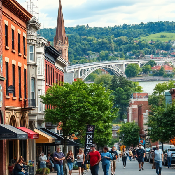 AT&T Coverage, Stores & Plans in Central Lawrenceville, Pittsburgh PA 15201 A vibrant street scene in Central Lawrenceville, Pittsburgh, PA 15201, featuring colorful murals depicting local history and community spirit, with iconic cafés