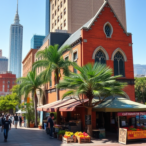 AT&T Coverage, Stores & Plans in Central Los Angeles, CA 90017 A vibrant street scene in Central LA, Los Angeles CA 90017, showcasing a bustling urban environment with modern glass storefronts and historic brick buildings b