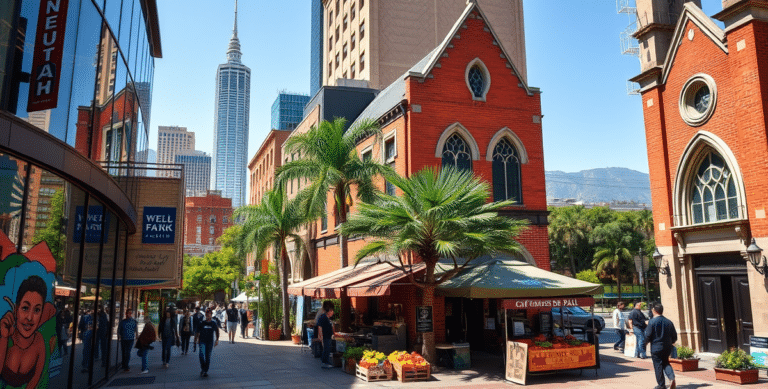 A vibrant street scene in central la, los angeles ca 90017, showcasing a bustling urban environment with modern glass storefronts and historic brick buildings b