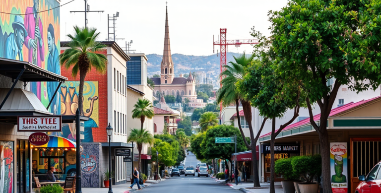 A vibrant street scene in Central LA, Los Angeles, CA 90019, showcasing a lively urban block with murals of colorful murals and street art adorning nearby walls