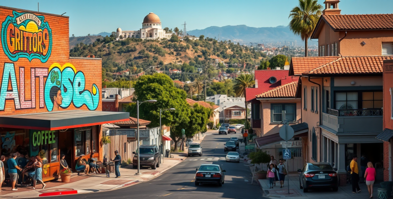 A vibrant street scene in Central LA, Los Angeles, CA 90046, showcasing a lively neighborhood with colorful murals depicting local history and culture on brick