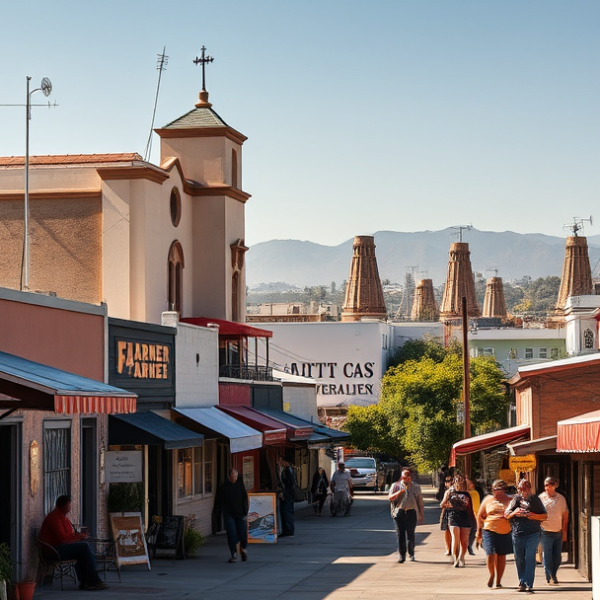 AT&T Coverage, Stores & Plans in Central Los Angeles, CA 90060 A vibrant street scene in Central LA, Los Angeles 90060, showcasing a diverse urban neighborhood with colorful murals depicting local history and culture adorni