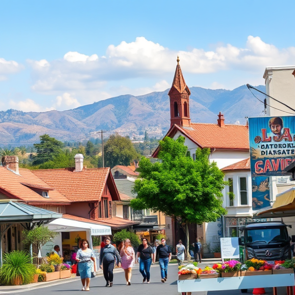 AT&T Coverage, Stores & Plans in Central Los Angeles, CA 90072 A vibrant street scene in Central LA, Los Angeles 90072, showcasing a lush neighborhood with rolling hills in the background and glimpses of the Angeles Nationa