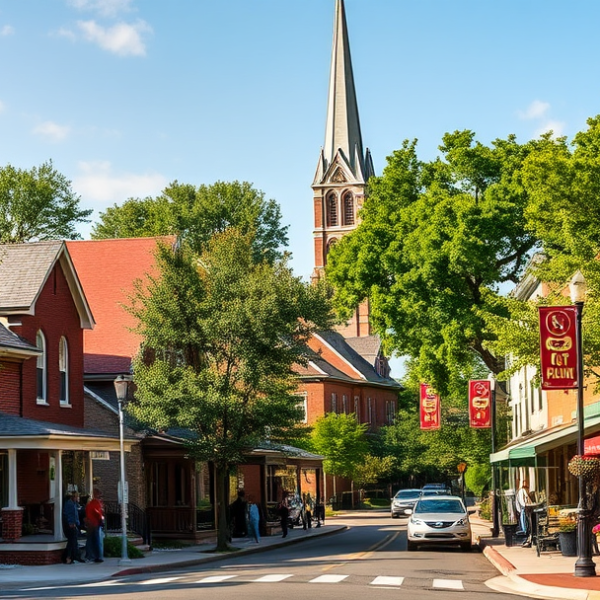 AT&T Coverage, Stores & Plans in City Township, IL 61705 A vibrant street scene in Bloomington City Township, Bloomington, IL (61705), featuring charming mid-century houses with brick facades and cozy front porches, l