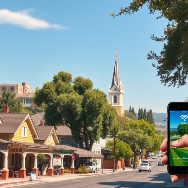 AT&T Coverage, Stores & Plans in Country Club, Stockton CA 95204 A realistic, aspirational street scene in the Country Club neighborhood of Stockton, CA (95204), featuring vibrant local landmarks like colorful murals depictin