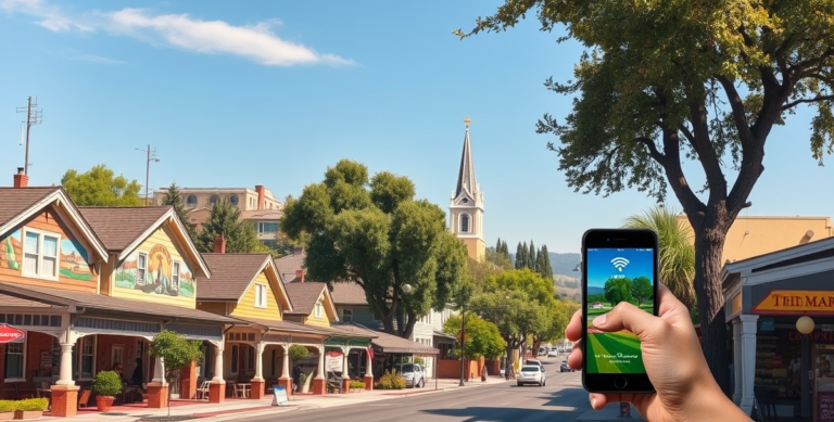 A realistic, aspirational street scene in the Country Club neighborhood of Stockton, CA (95204), featuring vibrant local landmarks like colorful murals depictin