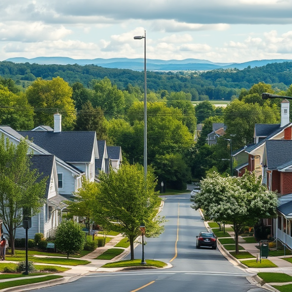 AT&T Coverage, Stores & Plans in Countryside, Sterling VA 20167 A realistic street scene in Countryside, Sterling, VA (20167), showcasing charming suburban homes with varied architectural styles—colonial revival, craftsman b