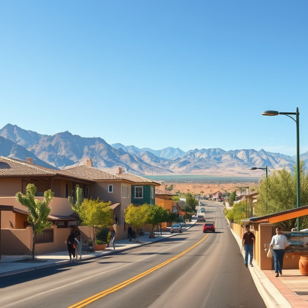 T-Mobile Plans, Coverage & Stores in Desert Hills, Las Vegas NV 89178 A realistic, aspirational street scene in Desert Hills, Las Vegas, NV 89178, showcasing a quiet neighborhood with modern desert-style homes featuring stucco wal