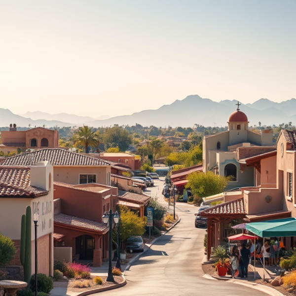 AT&T Coverage, Stores & Plans in Desert Orchid, Scottsdale AZ 85259 A vibrant Scottsdale neighborhood scene in Desert Orchid, AZ (85259), showcasing sunlit streets lined with Southwestern-style homes featuring stucco walls, terr