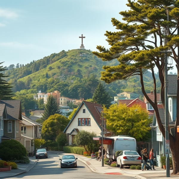 T-Mobile Plans, Coverage & Stores in Diamond Heights, San Francisco CA 94131 A realistic, aspirational street scene in Diamond Heights, San Francisco, CA (94131), showcasing a quiet residential neighborhood with charming mid-century mode