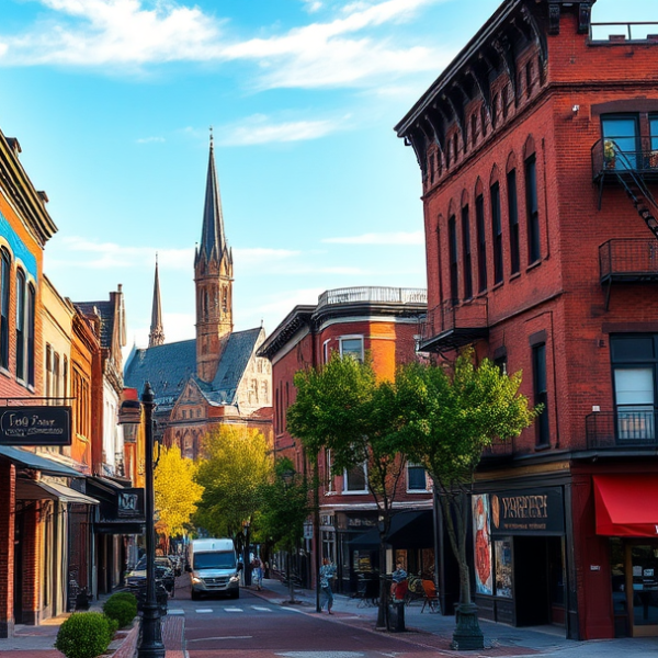 AT&T Coverage, Stores & Plans in Downtown Akron, OH 44326 A lively street scene in Downtown Akron, OH 44326, showcasing vibrant murals depicting local history and industrial heritage on brick walls, with a historic sto