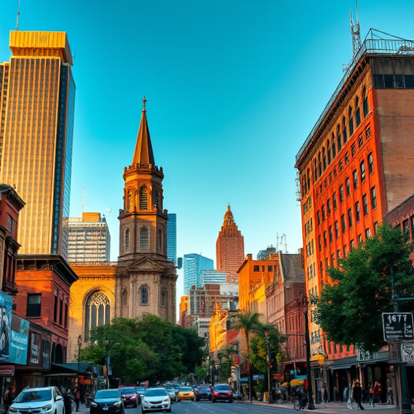 AT&T Coverage, Stores & Plans in Downtown Atlanta, GA 30302 A vibrant downtown Atlanta street scene in the 30302 neighborhood, featuring the striking skyline with Bank of America Plaza's gold summit shining at sunset, to