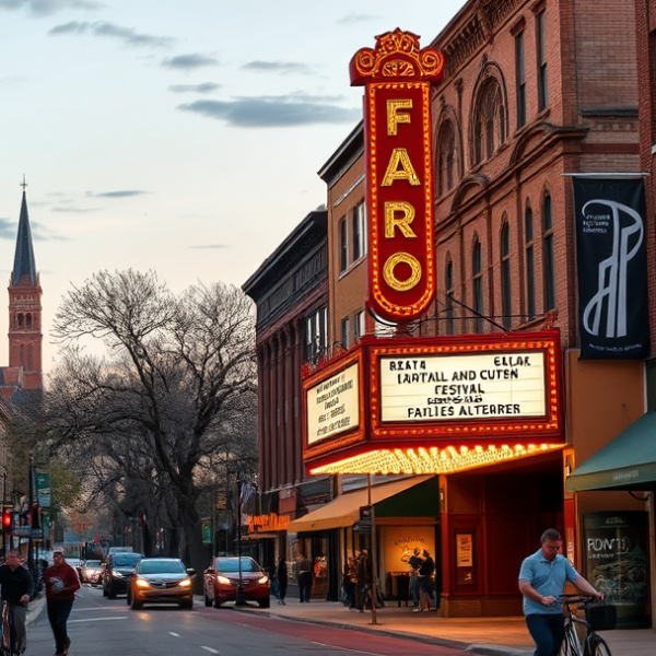 AT&T Coverage, Stores & Plans in Downtown Fargo, ND 58124 A vibrant downtown Fargo street scene in the 58124 neighborhood, showcasing the historic Fargo Theatre with its classic marquee illuminated at dusk, nearby mura