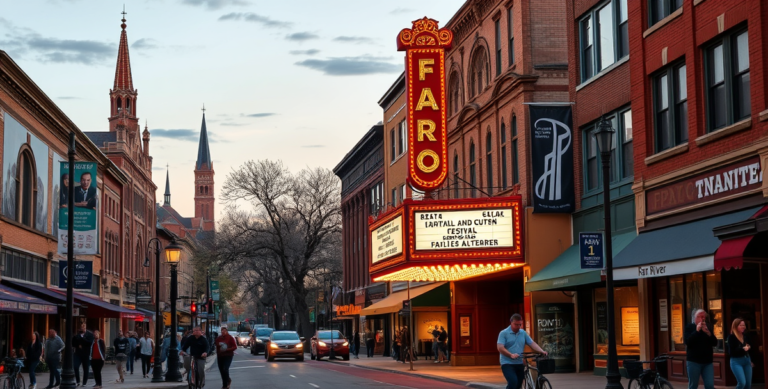 A vibrant downtown Fargo street scene in the 58124 neighborhood, showcasing the historic Fargo Theatre with its classic marquee illuminated at dusk, nearby mura