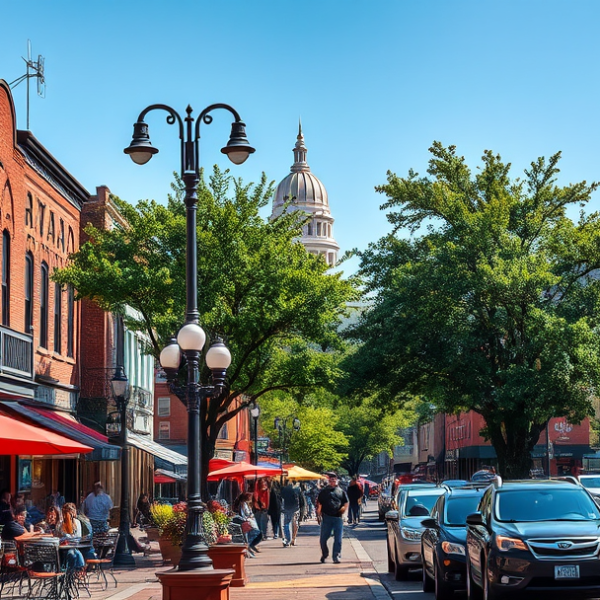 AT&T Coverage, Stores & Plans in Downtown Nashville, TN 37201 A vibrant downtown Nashville street scene in the 37201 zip code, bustling with activity under a clear sky. In the foreground, a lively café patio with wrought-i