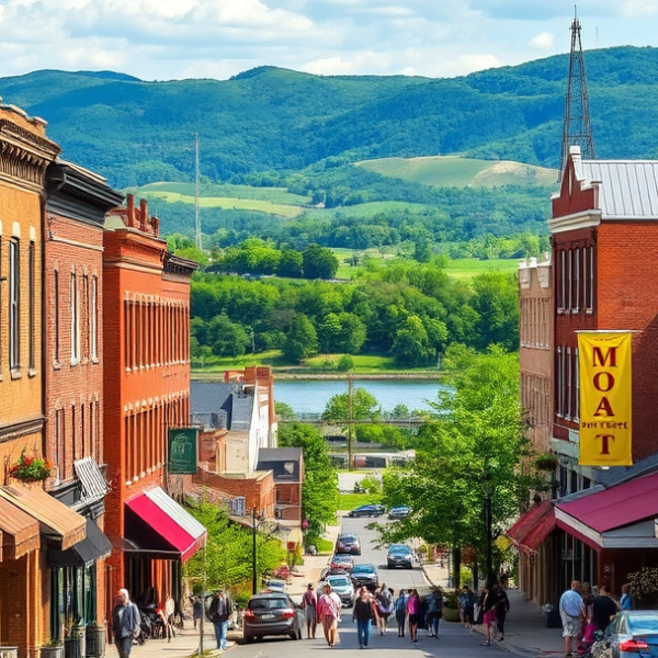 T-Mobile Plans, Coverage & Stores in Downtown Parkersburg, WV 26101 A vibrant downtown street scene in Parkersburg, WV (zip 26101), featuring historic brick buildings with detailed facades and vintage storefronts lining the side