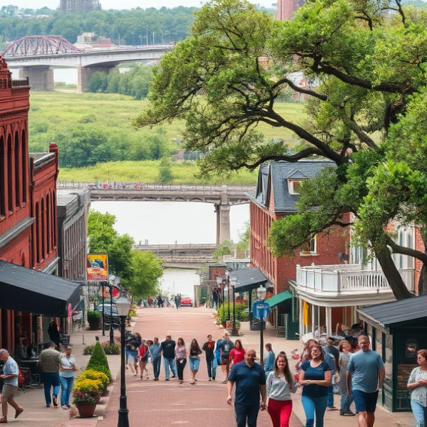 T-Mobile Plans, Coverage & Stores in Downtown Riverfront, Shreveport LA 71161 A vibrant downtown riverfront scene in Shreveport, LA (71161), featuring the bustling streets lined with historic brick warehouses converted into modern shops a