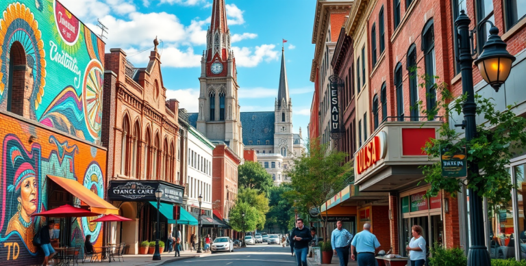 A vibrant downtown Tulsa street scene in the 74148 ZIP code, featuring colorful murals on brick walls depicting Native American heritage and jazz history, along