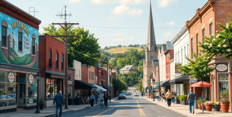 A vibrant street scene along Dublin Road Corridor in Columbus, OH 43251, showcasing a lively neighborhood with murals depicting local history and community spir