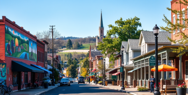 A vibrant street scene along the Dublin Road Corridor in Columbus, OH 43287, featuring the colorful murals of local artists depicting Ohio history and community