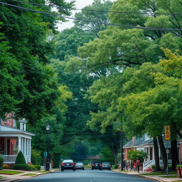 T-Mobile Plans, Coverage & Stores in Duke Forest, Durham NC 27722 A realistic street scene in Duke Forest, Durham, NC (27722), showcasing lush green trees lining quiet residential streets with charming mid-century and modern r