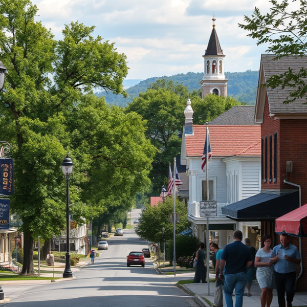 AT&T Coverage, Stores & Plans in Dunbar, Charleston WV 25362 A realistic street scene in Dunbar, Charleston, WV 25362, showcasing charming historic homes with Victorian porches and Craftsman bungalows lining a tree-shaded