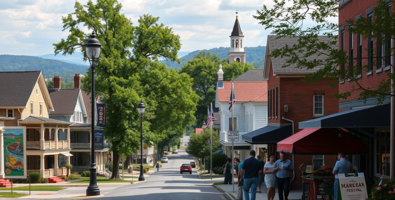 A realistic street scene in Dunbar, Charleston, WV 25362, showcasing charming historic homes with Victorian porches and Craftsman bungalows lining a tree-shaded