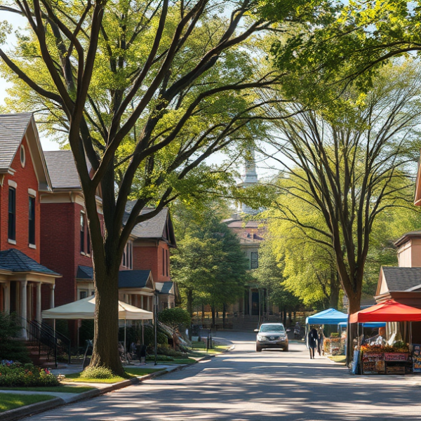 AT&T Coverage, Stores & Plans in Elgin Township, Elgin IL 60123 A realistic, aspirational street scene in Elgin Township, Elgin, IL (60123), featuring a charming neighborhood with historic brick houses and Craftsman bungalow