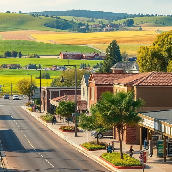 AT&T Coverage, Stores & Plans in Empire, Modesto CA 95358 A realistic street scene in Empire, Modesto, CA (95358), featuring vibrant local landmarks such as colorful murals depicting agricultural history and community