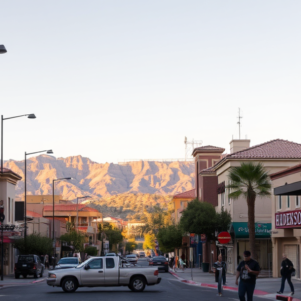 AT&T Coverage, Stores & Plans in Enterprise, Las Vegas NV 89183 A bustling street scene in Enterprise, Las Vegas, NV 89183, featuring vibrant murals depicting desert landscapes and local history on nearby walls, with the ico