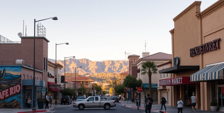 A bustling street scene in enterprise, las vegas, nv 89183, featuring vibrant murals depicting desert landscapes and local history on nearby walls, with the ico