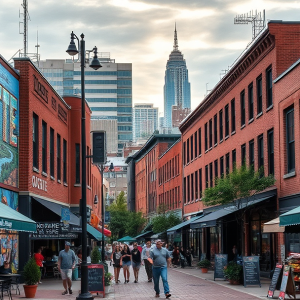 AT&T Coverage, Stores & Plans in First Ward, Charlotte NC 28234 A lively street scene in First Ward, Charlotte, NC, 28234, bustling with vibrant murals depicting local history and culture, featuring a prominent mural of Char