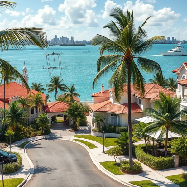AT&T Coverage, Stores & Plans in Fisher Island, Miami Beach FL 33109 A realistic street scene on Fisher Island, Miami Beach, FL 33109, showcasing lush tropical landscaping and luxurious Mediterranean Revival and contemporary-styl