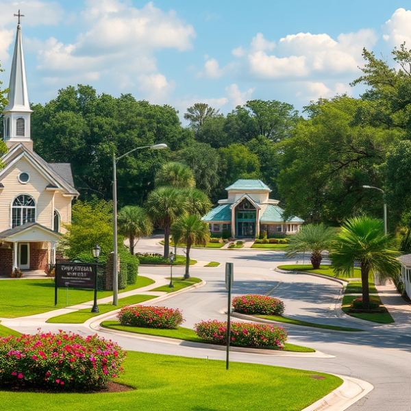 T-Mobile Plans, Coverage & Stores in Forest Oaks, Spring Hill FL 34611 A realistic street scene in Forest Oaks, Spring Hill, FL 34611, featuring lush green lawns and mature oak trees lining quiet suburban streets. In the background