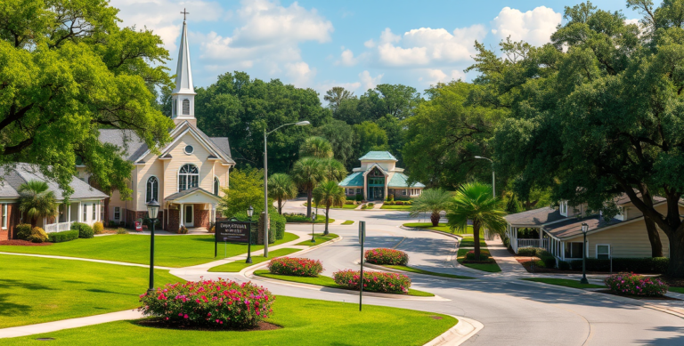 A realistic street scene in Forest Oaks, Spring Hill, FL 34611, featuring lush green lawns and mature oak trees lining quiet suburban streets. In the background