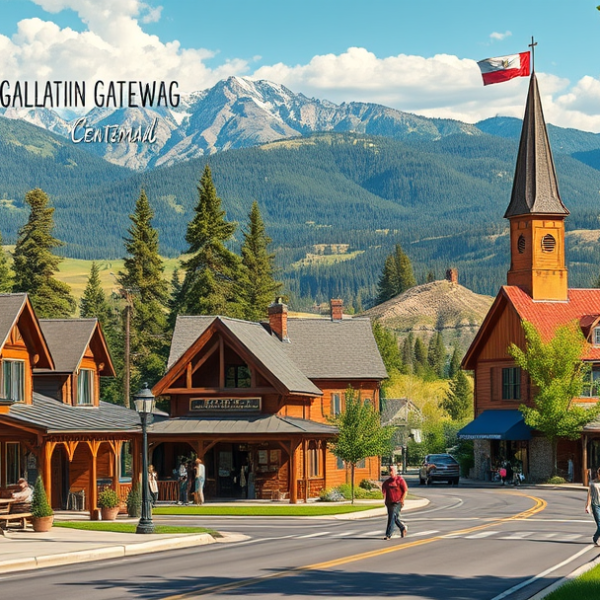 AT&T Coverage, Stores & Plans in Gallatin Gateway, Bozeman MT 59772 A realistic, aspirational street scene in Gallatin Gateway, Bozeman, MT 59772, featuring charming rustic cabins and historic lodges with weathered wood siding a